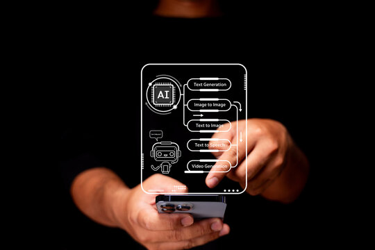 A person holding a smartphone with a digital AI interface displaying various AI capabilities like text generation and video generation.