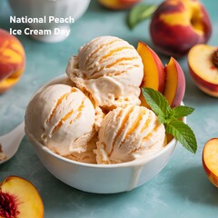  A delightful digital illustration celebrating National Peach Ice Cream Day, featuring a scoop of peach ice cream in a cone alongside fresh, ripe peaches.