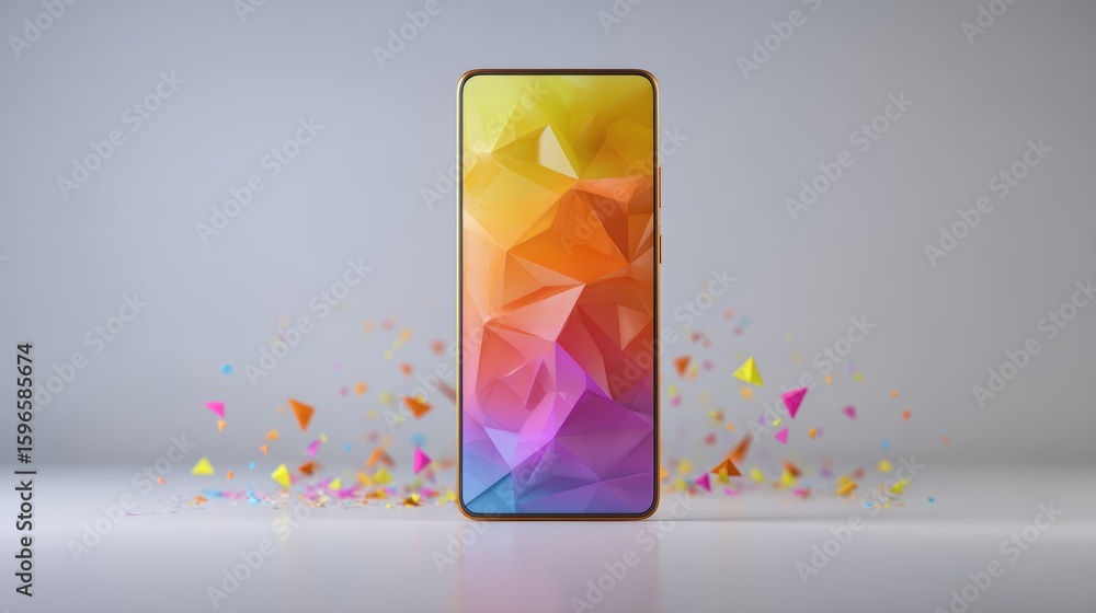 Poster a sleek smartphone with a colorful geometric abstract wallpaper displayed on its screen, surrounded 