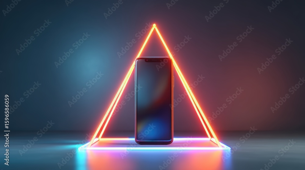 Poster a smartphone is placed upright inside a glowing neon triangular frame against a dark gradient backgr