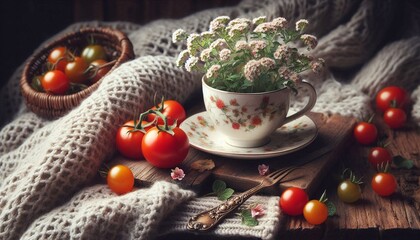 Cozy Tomato & Floral Teacup Still Life