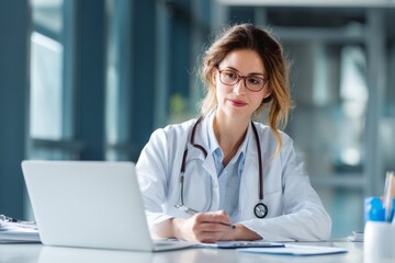 Female doctor writing notes while working on laptop at clinic desk