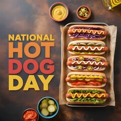 A mouth-watering flat lay photograph celebrating National Hot Dog Day, showcasing an array of delicious hot dogs with various fresh toppings and condiments.