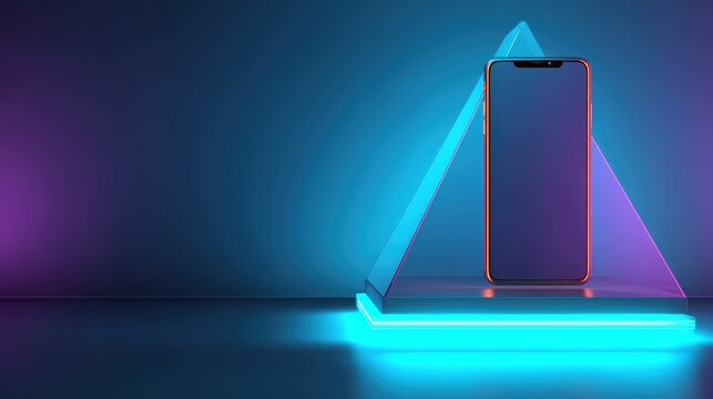 A modern smartphone displayed on a glowing neon-lit triangular stand with vibrant blue and purple lighting in a futuristic setting, futuristic phone holder