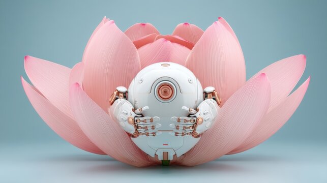 A white robotic sphere with mechanical hands is emerging from a large, soft pink lotus flower against a muted blue background, futuristic phone holder - Powered by Adobe