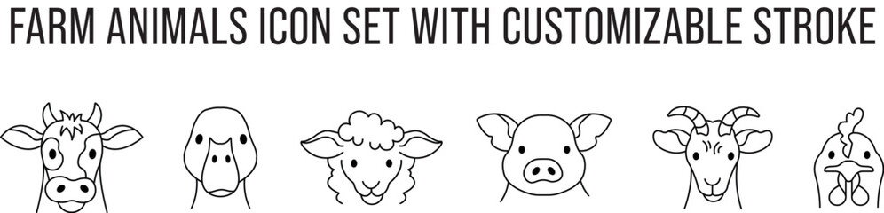 Farm animals icon set, cow, sheep, goat, hen, pork and goose, customizable stroke, vector, illustration