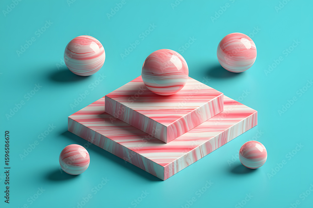 Aufkleber abstract geometric composition with swirled pink and white spheres and cubes on a turquoise surface,