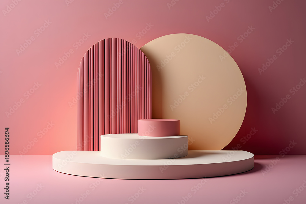 Poster elegant pink product display podium with geometric shapes and soft lighting for showcase presentatio