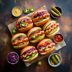 A mouth-watering flat lay photograph celebrating National Hot Dog Day, showcasing an array of delicious hot dogs with various fresh toppings and condiments.