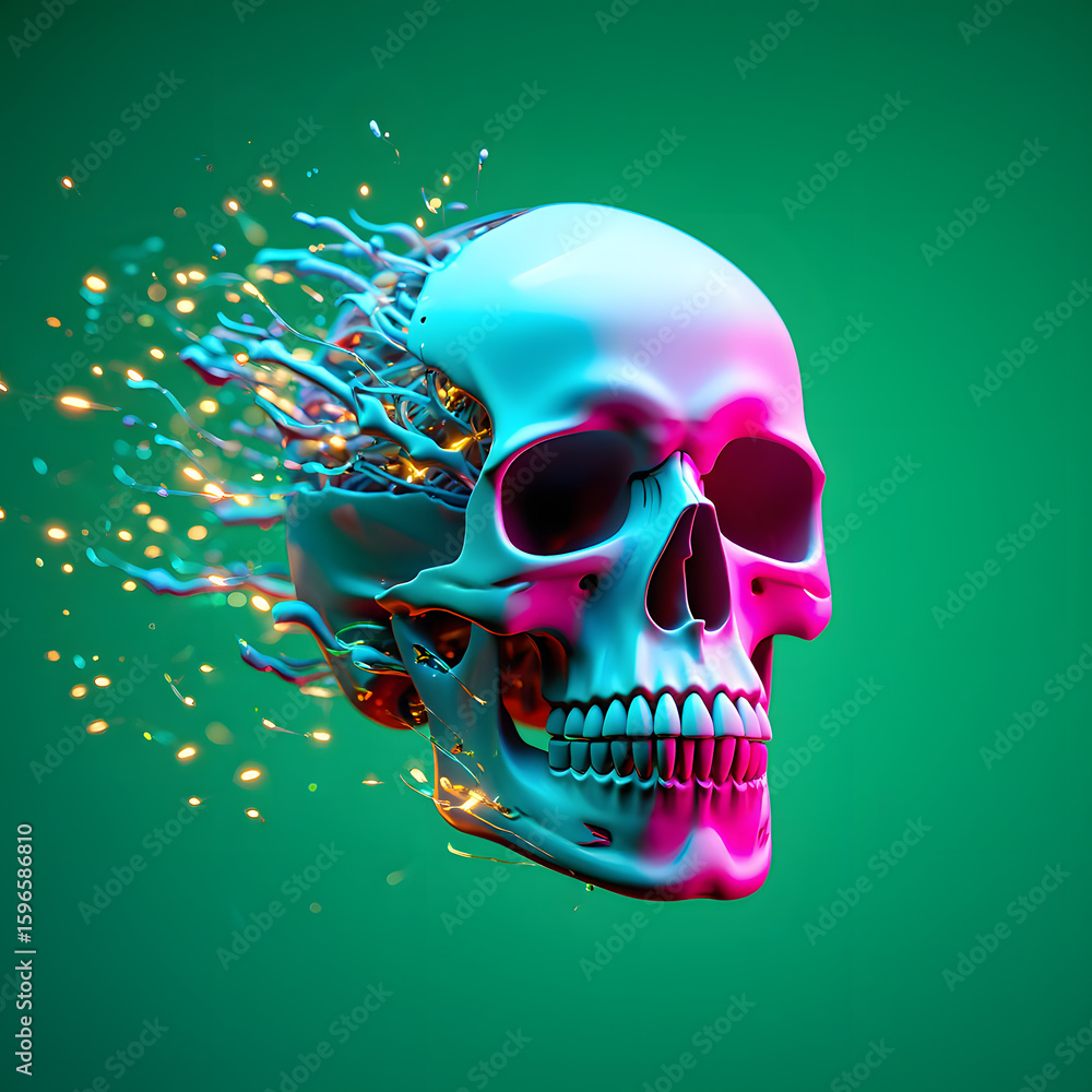Poster an artistic and surreal depiction of mortality and decay featuring a vibrant skull with abstract ele