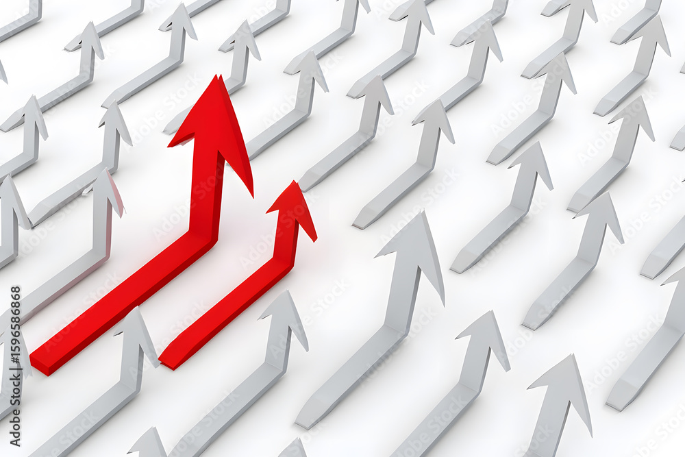 Poster multiple arrows pointing upward with two red arrows standing out from the gray arrows, representing 