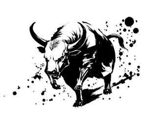 鋭い視線の牛を描いた墨絵風ベクターイラスト
