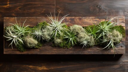 Wooden planter with air plants and moss.