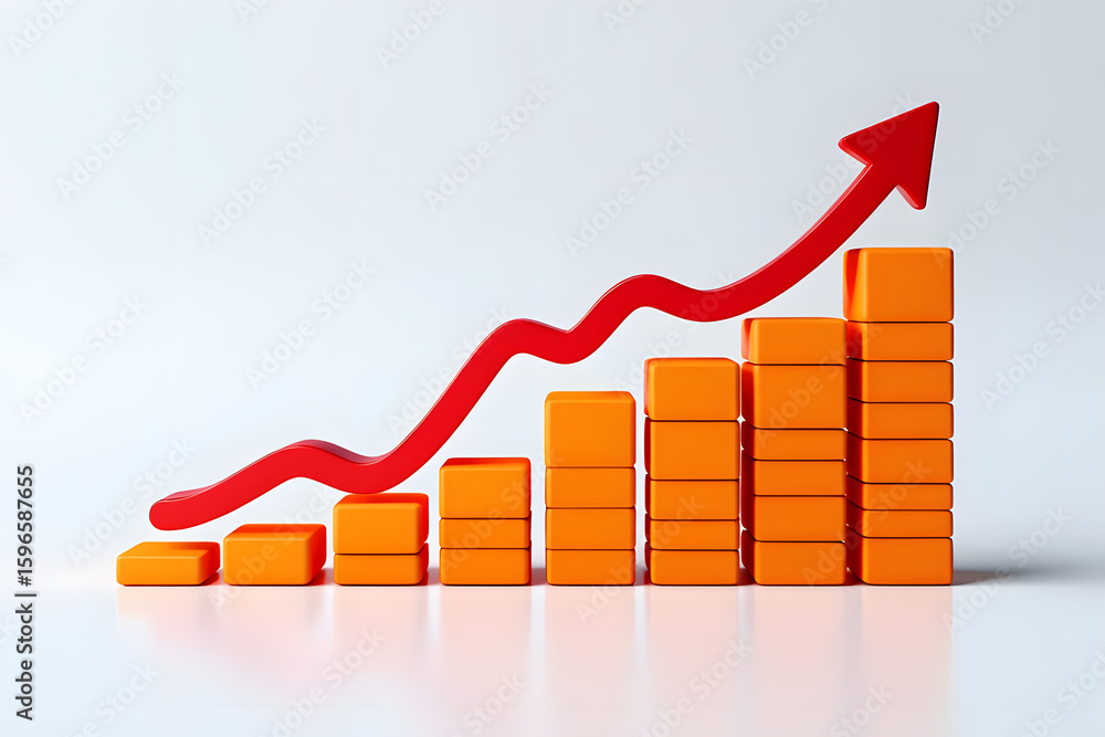 Poster ascending heights a dynamic bar graph with a red arrow charting a course of exponential growth and a