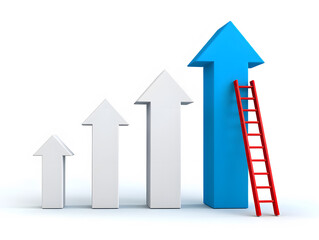 Graphical Representation of Growth with Ascending Arrows and a Ladder Leaning Against the Tallest Arrow, Symbolizing Progress, Achievement, and the Tools Needed to Reach Higher Goals
