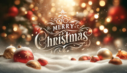 A festive scene featuring a beautifully designed 'Merry Christmas' message surrounded by shimmering ornaments and soft snow.