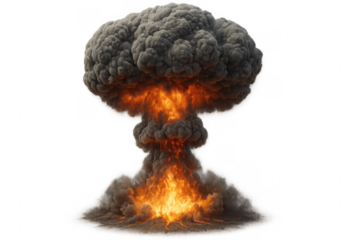 Realistic nuclear explosion mushroom cloud rising with transparent background