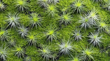 Close-up view of air plants and moss.