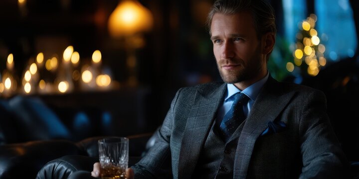 Sophisticated man in formal attire enjoys a drink in a cozy, dimly lit lounge setting at evening time