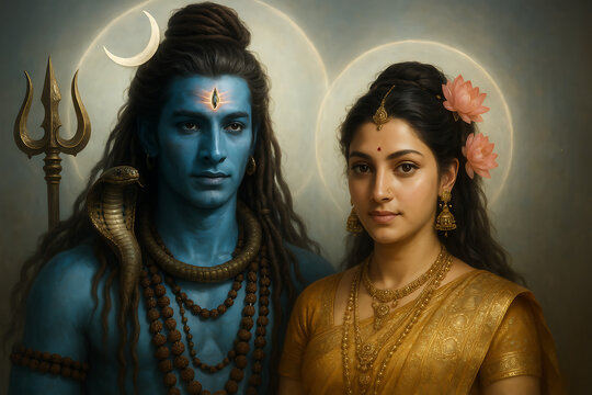 Divine posture of mahadev parvati glowing in moonlight radiating love and strength with sacred trident and snake captured during sawan shivratri