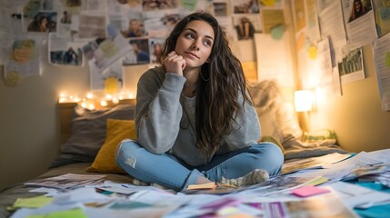 teen girl sitting on bed with colorful university brochures spread out, looking thoughtful, casual outfit, cozy room, planning future education photography 
