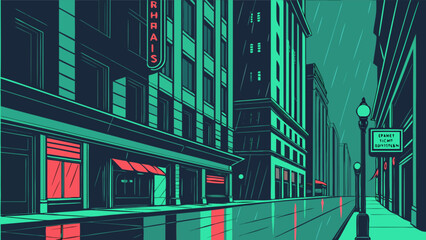 City street scene at night with buildings and a sign in the rain with reflections on the ground