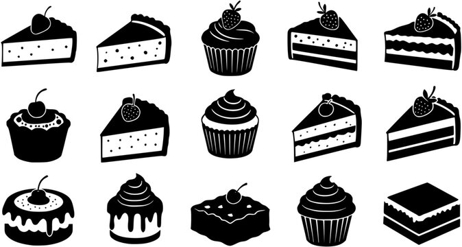 Traditional European and American dessert and popular cake black silhouette icons set on white. Vector stencil clipart, minimalist bakery sign or logo design