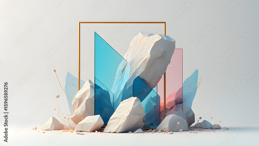 Fototapete abstract composition featuring geometric shapes and natural stone elements creating a harmonious ble