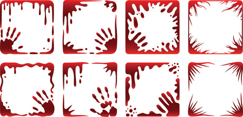 Red blood dripping frames and handprint borders vector set for Halloween horror design elements and spooky graphic backgrounds