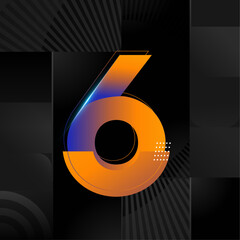 Futuristic Number 6 Design &ndash; Abstract Orange and Blue Gradient Digit on Black Geometric Background