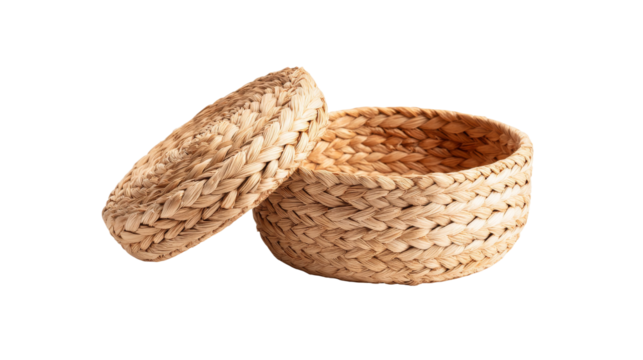 Wicker basket with open lid has textured tan material.