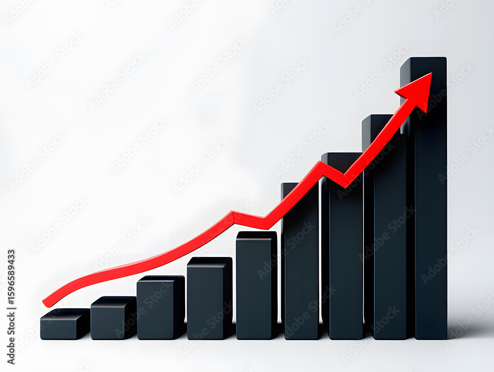 Poster rising bar graph with upward arrow on white background, illustrating business growth and financial s