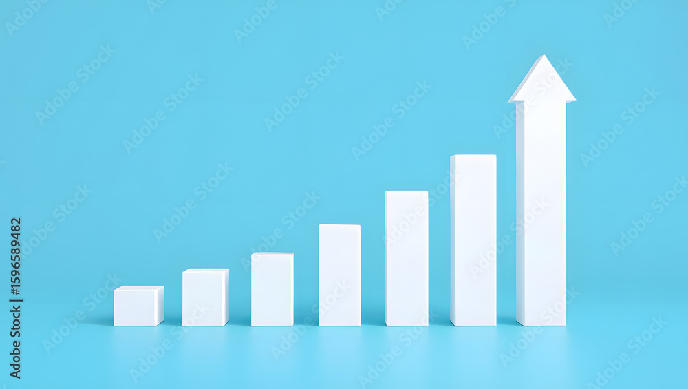 Poster white bar graph with upward arrow on blue background, symbolizing business growth and positive trend