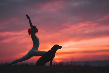 A woman performs a yoga pose beside her dog as the sun sets, creating a tranquil and beautiful atmosphere