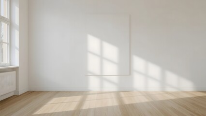 Minimalist Empty Room with Large Blank Canvas, Sunlight Streaming Through Window, Light Wood Floor