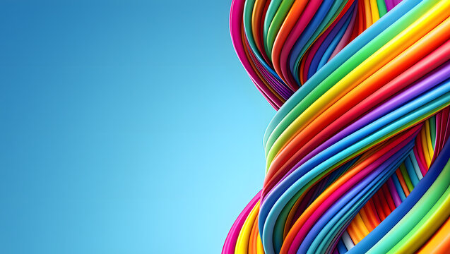 Vibrant Spectrum of Intertwined Cables A Colorful Abstract Design Featuring a Multitude of Brightly Hued Strands Against a Serene Blue Canvas for Modern Art