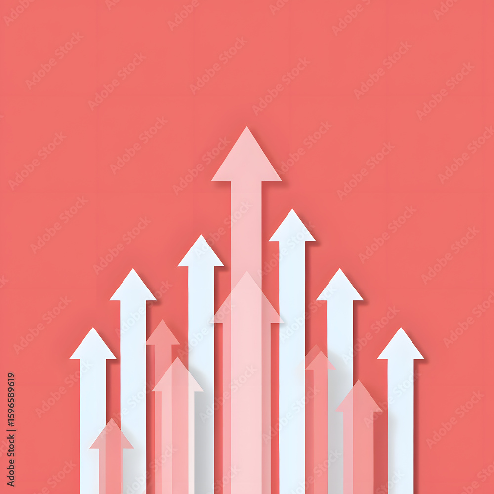 Poster ascending heights a dynamic composition of upward-pointing arrows on a coral backdrop symbolizing gr