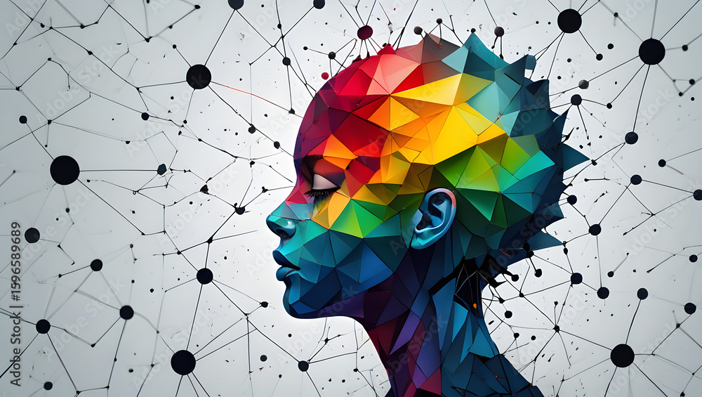Poster abstract geometric mindscape a vibrant exploration of cognitive connectivity and neural networks sho