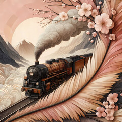 "Featherline Journey: A Steam Train Through Blossoms and Painted Peaks"
