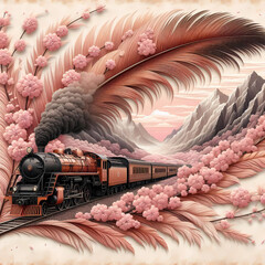 "Featherline Journey: A Steam Train Through Blossoms and Painted Peaks"
