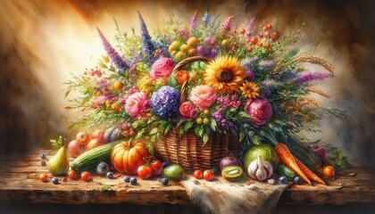 Rustic Basket of Colorful Flowers and Fresh Harvest Vegetables Still Life
