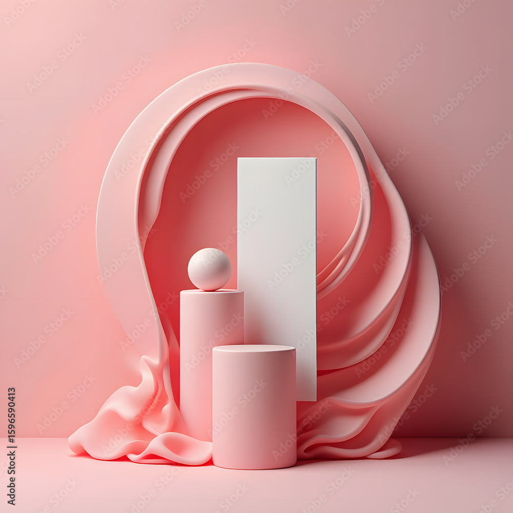 Aufkleber elegant pink product display podium with abstract circular backdrop and soft fabric draping for show