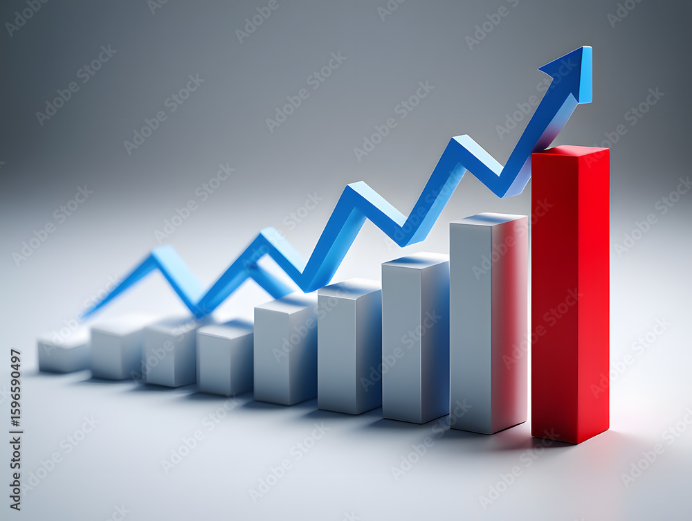 Poster ascending bar graph with a dramatic blue line chart illustrating exponential growth and financial su
