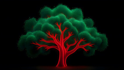 Glowing Tree of Life A Symbolic Representation of Growth and Interconnectedness with Green Foliage and Red Branches Radiating Light Against a Dark Background Evoking a Sense of Vitality and Mystique