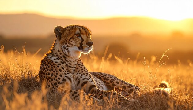 Cheetah rests in golden savannah grass
