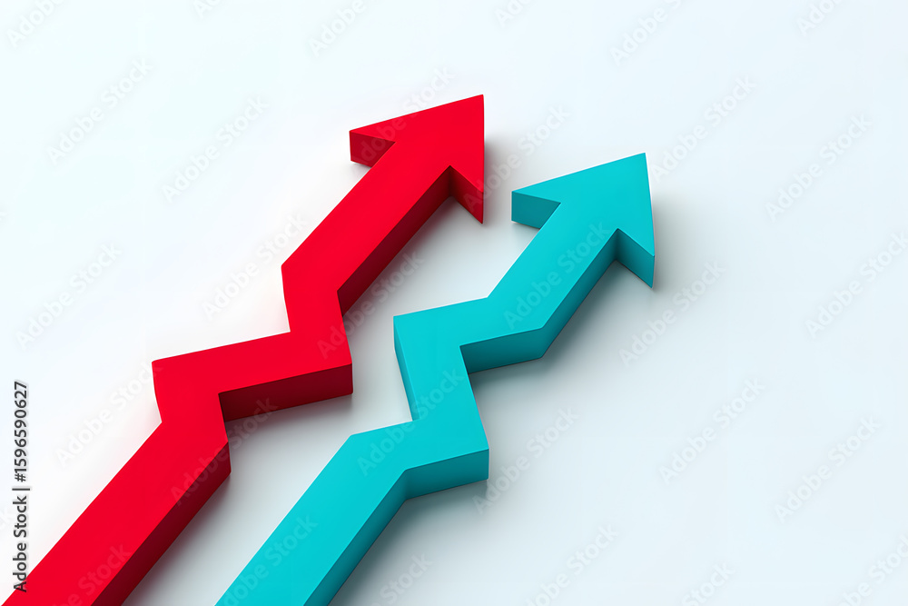 Poster dynamic growth trajectory visualizing success with upward trending arrows in red and teal on a clean