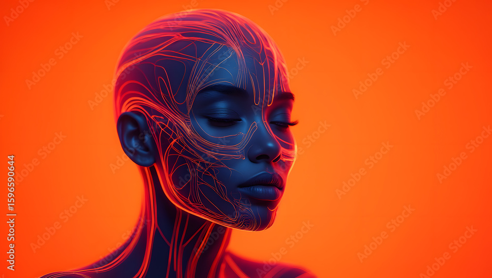 Poster neural network portrait a striking image of a woman's face adorned with intricate blue lines resembl
