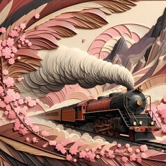 "Featherline Journey: A Steam Train Through Blossoms and Painted Peaks"
