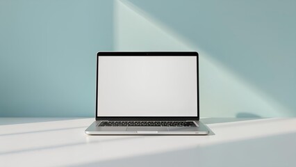 Fototapeta premium Silver laptop with blank screen on office table for technology and business communication