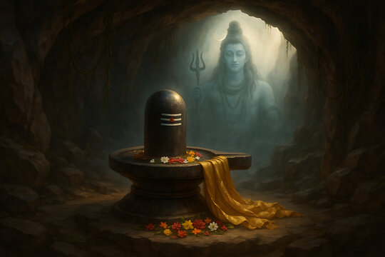 Sacred cave shivling with divine presence of mahadev glowing softly in sawan purnima worship and sawan shivratri spiritual atmosphere